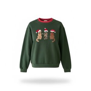 Cat Christmas Sweatshirt Small Green Holiday Pullover Embroidered Cats Cozy Cute